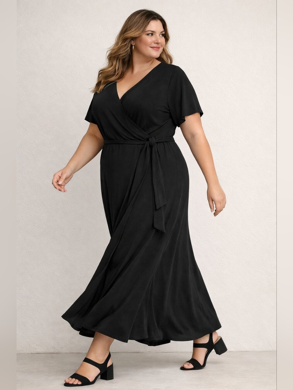 Cocomo Classic Short Sleeve Black Faux Wrap Maxi Dress - Womens 2X